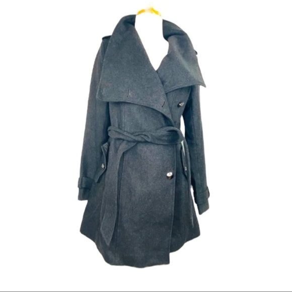 SAM EDELMAN Ladies Double Breasted Trench Wool Belted Flared Logo Buttons Gray - Picture 11 of 11